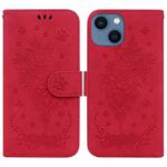 For iPhone 13 Butterfly Rose Embossed Leather Phone Case(Red)