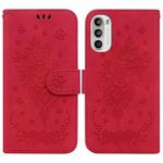 For Motorola Moto G52 Butterfly Rose Embossed Leather Phone Case(Red)