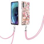 For Motorola Moto G51 5G Flowers Series TPU Phone Case with Lanyard(Pink Gardenia)