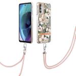 For Motorola Moto G51 5G Flowers Series TPU Phone Case with Lanyard(Green Gardenia)