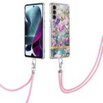 For Motorola Moto G200 Flowers Series TPU Phone Case with Lanyard(Purple Peony)