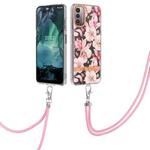 For Nokia G21/G11 Flowers Series TPU Phone Case with Lanyard(Pink Gardenia)