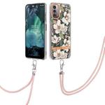 For Nokia G21/G11 Flowers Series TPU Phone Case with Lanyard(Green Gardenia)