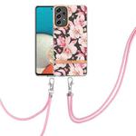 For Samsung Galaxy A73 5G Flowers Series TPU Phone Case with Lanyard(Pink Gardenia)