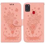 For Samsung Galaxy A21s Butterfly Rose Embossed Leather Phone Case(Pink)