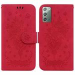 For Samsung Galaxy Note20 Butterfly Rose Embossed Leather Phone Case(Red)