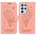 For Samsung Galaxy S21 Ultra 5G Butterfly Rose Embossed Leather Phone Case(Pink)
