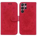 For Samsung Galaxy S22 Ultra 5G Butterfly Rose Embossed Leather Phone Case(Red)