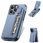 For iPhone 12 Carbon Fiber Vertical Flip Zipper Phone Case(Blue)