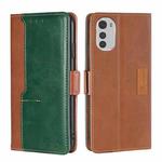 For Motorola Moto E32 4G Contrast Color Side Buckle Leather Phone Case(Light Brown + Green)