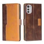 For Motorola Moto E32 4G Contrast Color Side Buckle Leather Phone Case(Dark Brown + Gold)