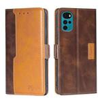 For Motorola Moto G22 Contrast Color Side Buckle Leather Phone Case(Dark Brown + Gold)