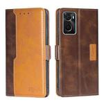 For OPPO A36 4G/A76 4G Global Contrast Color Side Buckle Leather Phone Case(Dark Brown + Gold)