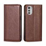 For Motorola Moto E32 4G Grid Texture Magnetic Flip Leather Phone Case(Brown)