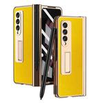 For Samsung Galaxy Z Fold3 Cross Texture Integrated Electroplating Hinge Flip Phone Case with Pen Slot(Gold)