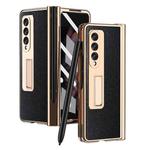 For Samsung Galaxy Z Fold3 Cross Texture Integrated Electroplating Hinge Flip Phone Case with Pen Slot(Black)