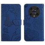 For Honor Magic4 Pro Skin Feel Butterfly Peony Embossed Leather Phone Case(Blue)