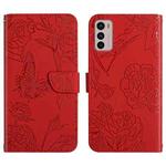 For Motorola Moto G42 Skin Feel Butterfly Peony Embossed Leather Phone Case(Red)