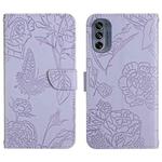 For Motorola Moto G62 5G Skin Feel Butterfly Peony Embossed Leather Phone Case(Purple)