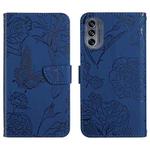 For Motorola Moto G62 5G Skin Feel Butterfly Peony Embossed Leather Phone Case(Blue)