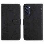 For Motorola Moto G52J 5G Skin Feel Butterfly Peony Embossed Leather Phone Case(Black)