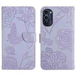 For Motorola Moto G52J 5G Skin Feel Butterfly Peony Embossed Leather Phone Case(Purple)