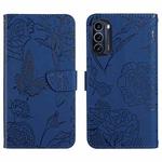 For Motorola Moto G52J 5G Skin Feel Butterfly Peony Embossed Leather Phone Case(Blue)