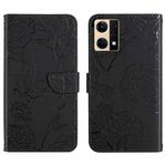 For OPPO Reno7 4G Skin Feel Butterfly Peony Embossed Leather Phone Case(Black)