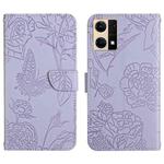 For OPPO Reno7 4G Skin Feel Butterfly Peony Embossed Leather Phone Case(Purple)