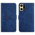For OPPO Reno7 4G Skin Feel Butterfly Peony Embossed Leather Phone Case(Blue)