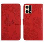 For OPPO Reno7 4G Skin Feel Butterfly Peony Embossed Leather Phone Case(Red)