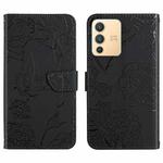 For vivo V23 5G Skin Feel Butterfly Peony Embossed Leather Phone Case(Black)