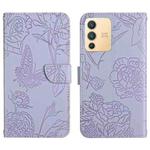 For vivo V23 5G Skin Feel Butterfly Peony Embossed Leather Phone Case(Purple)