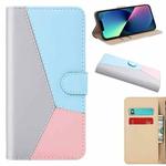 For iPhone 14 Plus Tricolor Stitching Flip Leather Phone Case  (Grey)