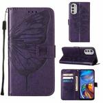 For Motorola Moto E32 Embossed Butterfly Leather Phone Case(Dark Purple)