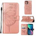 For iPhone 14 Embossed Butterfly Leather Phone Case (Rose Gold)