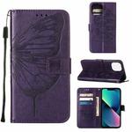 For iPhone 14 Plus Embossed Butterfly Leather Phone Case  (Dark Purple)