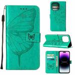 For iPhone 14 Pro Embossed Butterfly Leather Phone Case (Green)