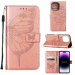 For iPhone 14 Pro Embossed Butterfly Leather Phone Case (Rose Gold)