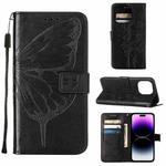 For iPhone 14 Pro Embossed Butterfly Leather Phone Case (Black)