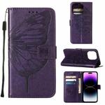 For iPhone 14 Pro Embossed Butterfly Leather Phone Case (Dark Purple)