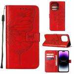 For iPhone 14 Pro Embossed Butterfly Leather Phone Case (Red)