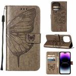 For iPhone 14 Pro Max Embossed Butterfly Leather Phone Case (Grey)