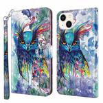 For iPhone 14 3D Painting Pattern Flip Leather Phone Case (Watercolor Owl)