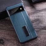 For Google Pixel 6a PC + Leather Texture Protective Phone Case with Metal Holder(Blue)