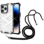 For iPhone 14 Pro Max Lanyard Honeycomb Phone Case (White)