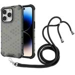 For iPhone 14 Pro Max Lanyard Honeycomb Phone Case (Black)
