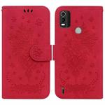 For Nokia C21 Plus Butterfly Rose Embossed Leather Phone Case(Red)