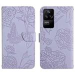 For Xiaomi Poco F4 5G Skin Feel Butterfly Peony Embossed Leather Phone Case(Purple)