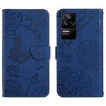 For Xiaomi Poco F4 5G Skin Feel Butterfly Peony Embossed Leather Phone Case(Blue)